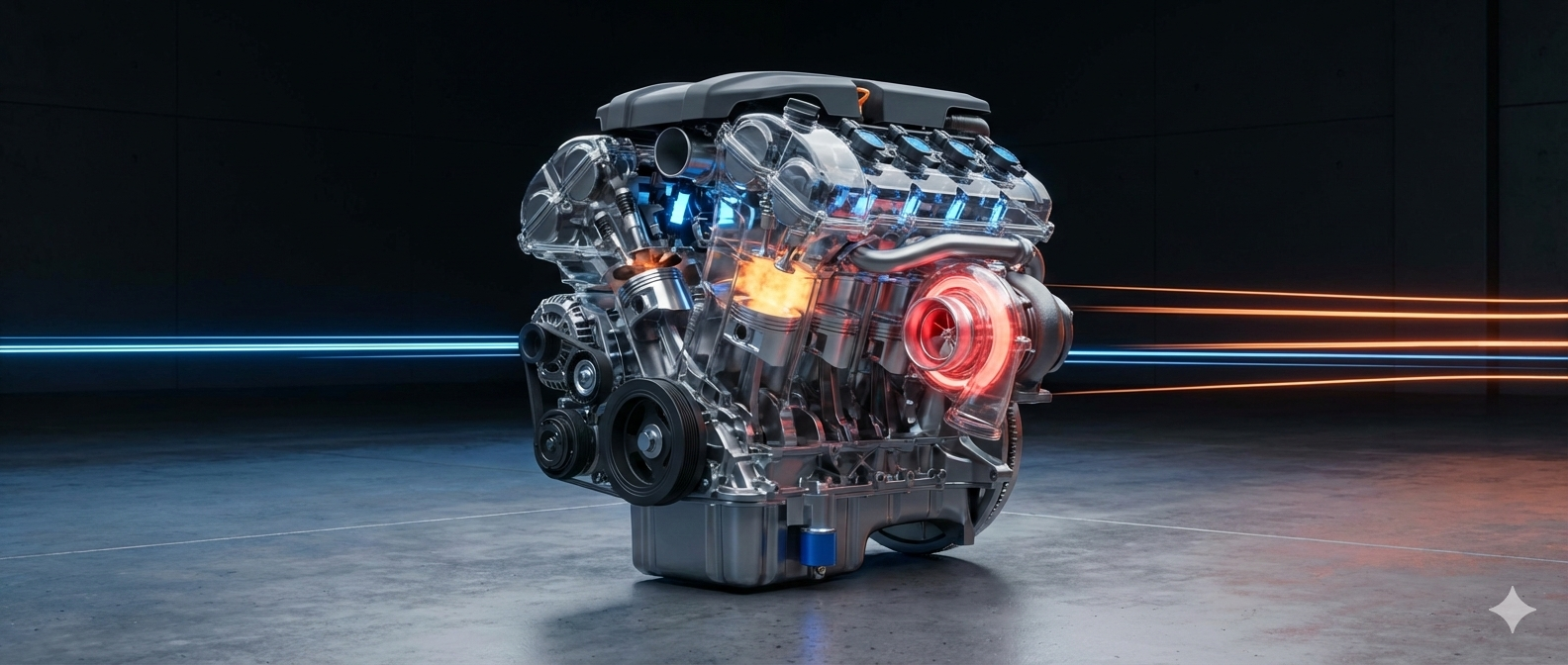 High-tech modern car engine cutaway showing internal combustion components for educational guide
